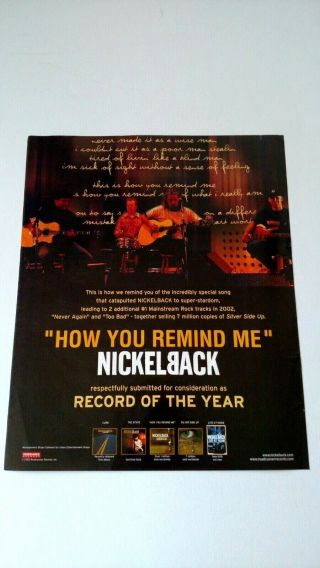 Nickelback " How You Remind Me " 2002 Rare Print Promo Poster Ad