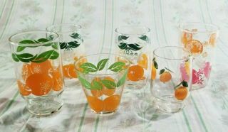 6 Vintage Assorted Orange Juice Glasses - Various Designs