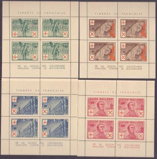 15 - 7.  Belgium,  Germany,  1942 Wallon Legion 4 Souvenir Sheets,  Michel I - Iv,  Mnh,  Ww Ii