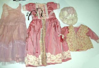 19 " Long Vintage Pink Sateen Dress With Antique Lace Jacket Slip Hat 14 " Waist