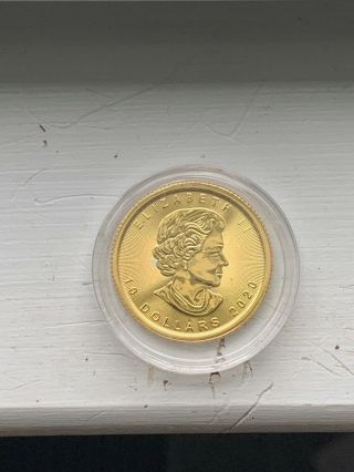 2020 1/4 Oz Canadian Gold Maple Leaf $10 Coin.  9999 Fine Bu In Capsule