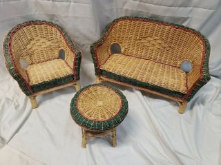 Vintage Wicker Doll Chair Chaise Lounge/loveseat And Table Set Of 3