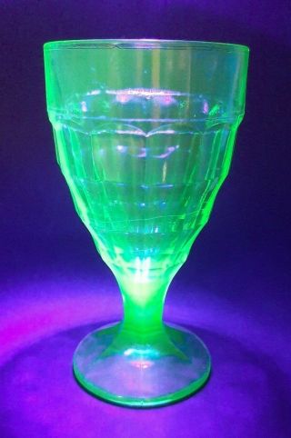 Vintage Uranium Glass Water Goblet Green Depression Era Colonial Block 1920 - 30 
