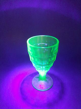 Vintage Uranium Glass Water Goblet Green Depression Era Colonial Block 1920 - 30 ' s 2