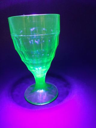 Vintage Uranium Glass Water Goblet Green Depression Era Colonial Block 1920 - 30 ' s 3