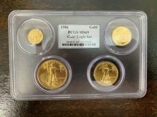 1986 First Year Of The American Gold Eagle 4 Piece Set In Plastic Casing Ms69