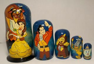 Vtg Russian Beauty & The Beast Nesting Dolls,  Hand Painted Artist Signed,  5 Pc