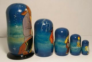 Vtg Russian Beauty & the Beast Nesting Dolls,  Hand Painted Artist Signed,  5 Pc 2