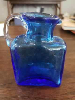 Blenko Hand Blown Cobalt Blue Glass Cream Pitcher W/ Handle 4 " Tall Dimpled Vtg