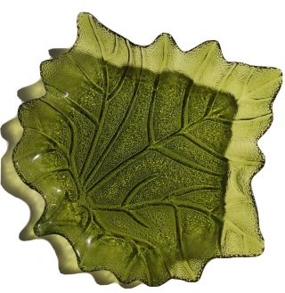 Vintage Large Avocado Green Glass Leaf Shape Dish Platter No Chips