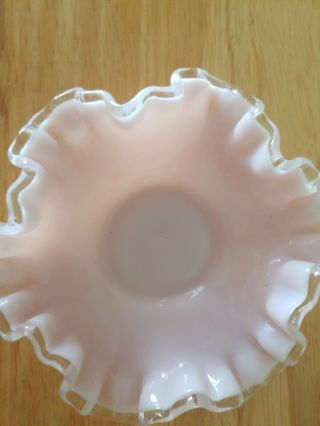Vintage Fenton Candy Dish Pink Milk Glass With Clear Ruffle Trim Vanity Dish