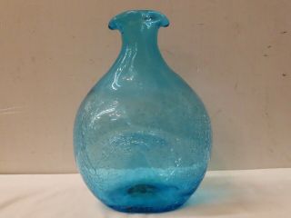 Vintage Turquoise Blue Crackle Blown Glass Double Spout Pinch Vase Decanter