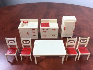 Renwal 1950s Stove K69,  Ice Box/fridge K66,  Sink K68,  Table K67,  Chairs D53