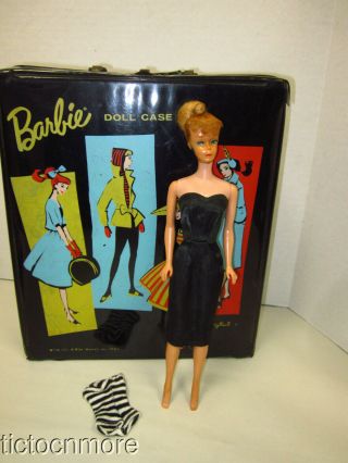 Vintage Barbie Ponytail Doll Blonde W/ Zebra Suit & 1961 Black Case