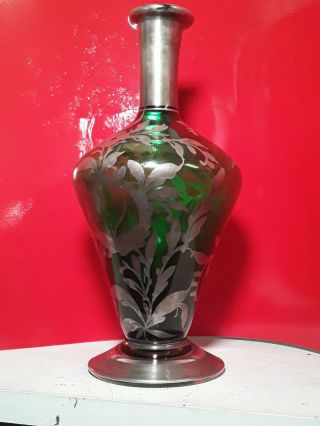 Vintage Hand Blown Green Art Glass Vase W/overlay