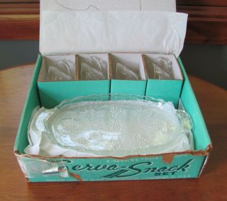 Vintage Anchor Hocking Anchorglass Serva Snack Set 3 Serving Trays And Cups Box