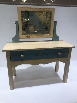 Vintage Antique Painted Blue & Cream Wooden Doll Dresser With Mirror