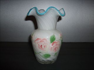 Hand Painted Glass Vase With Roses - White With Blue Trim 6 " Tall Telefloral