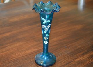 Hand Blown Art Glass Hand Painted Turquoise Daisy Vase 7 3/4 Inches