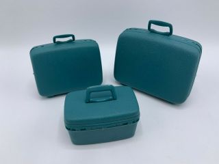 Vintage 1960s Barbie Ken Set Of 3 Samsonite Teal Luggage Travel Suitcases