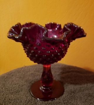 Fenton Glass Ruby Red Hobnail Ruffled Top,  Compote Or Candy Dish 6 Inch