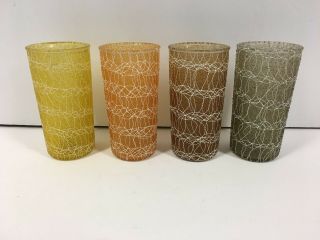 Vintage Set Of 4 Color Craft Shat - R - Pruf Spaghetti String Rubber Coated Tumblers