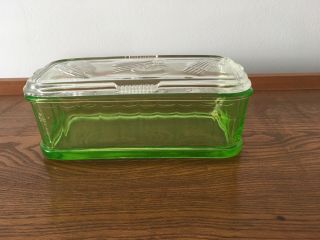 Vintage Green Depression Glass Refrigerator Dish 8 X 4 X 3 With Lid