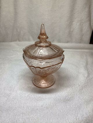 Vintage Pink Depression Glass Round Pedestal Candy Jar With Lid