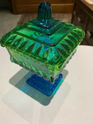 Vintage Green And Blue Glass Candy Dish With Lid