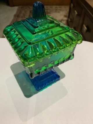 vintage green And Blue glass candy dish with lid 3
