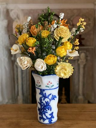 Vintage Miniature Dollhouse Blue White Porcelain Vase & Yellow Flowers Bouquet