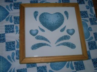 Corelle Blue Hearts Wood Framed Ceramic Tile Trivet Hot Plate