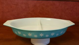 Vintage Pyrex Turquoise Snowflake Divided Casserole Dish 1.  5 Quart 2