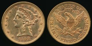 1898 Usa $5 Gold Half Eagle (au Beauty).  24 Troy Oz Act.  Gold Wt