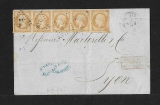 French Po In Salonica Greece Napoleon Strip Of 5 Cover 1858 Incredible
