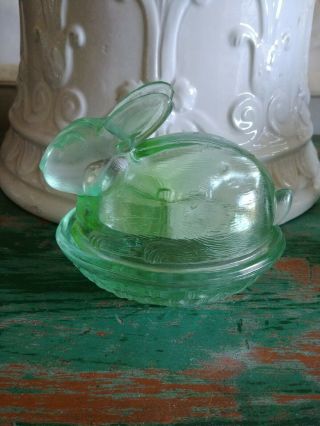 Green Vaseline Glass Bunny Rabbit On Nest Basket Dish Easter Candy