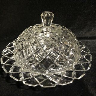 Hocking Waterford Waffle Round Butter Dish & Lid Clear Glass Vintage Depression
