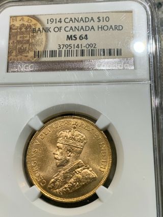 1914 Canada Gold Reserve $10 Ncg Ms 64 - Bank Of Canada Hoard Release - Rare 1/2 Oz