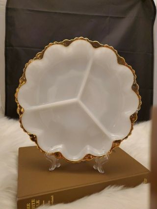Vntg Divided Relish Tray By Anchor Hocking Fire King White Milk Glass Gold Trim