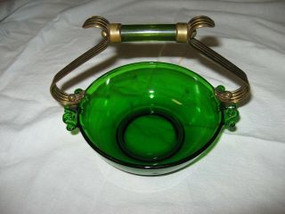 Vintage Paden City Emerald Glo Green Glass Basket With Lucite Handle