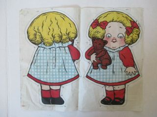 Early Antique Little Girl With A Teddy Bear Doll Cloth Rag Doll Sheet