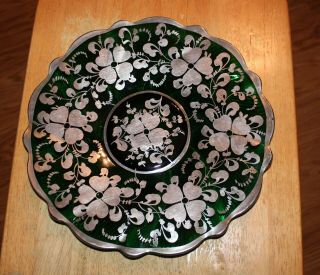 Vintage Dark Green Glass Serving Plate & Silver Inlay Flower Heart Design