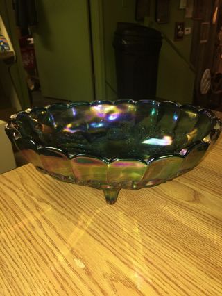 Vintage Iridescent Blue Carnival Glass Footed Oval Fruit Bowl Harvest Pattern