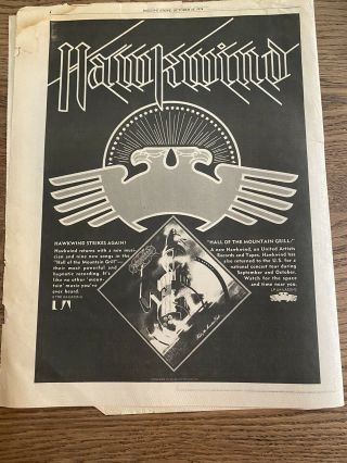 Hawkwind 1974 11x17” Hall Of The Mountain Grill Ad Flyer Lemmy