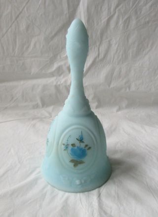 Fenton Blue Satin Glass Bell,  Hand - Painted Blue Roses,  Signed " C.  Smith "