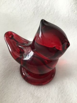 Ruby Red Glass Cardinal Bird Figurine 2” Tall Unsigned