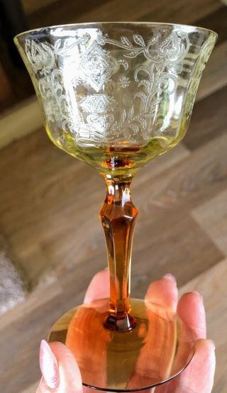 Fostoria ? Amber Topaz Wine Stem Goblet Etched Pattern Help Maker
