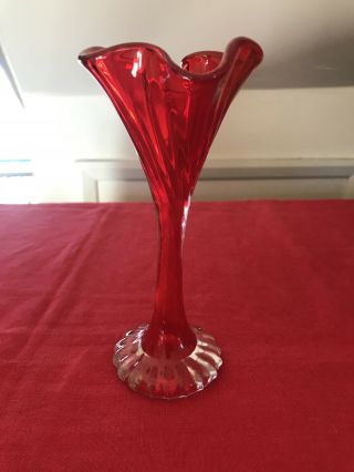 Vintage Murano ? Red Art Glass Trumpet Vase Twisted Fluted