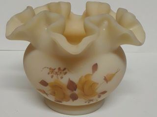 Fenton Custard Satin Glass Ruffled Edge Vase Hand Painted Roses & Signed