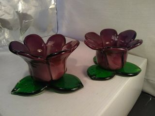 Hand Blown Purple Flower And Green Leaves Glass Candle Holders